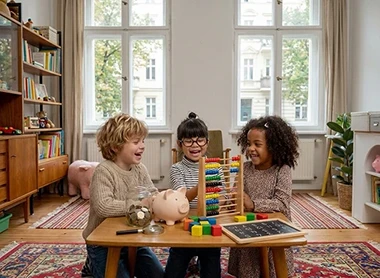 Drei Kinder am Kindertisch, mit Spielsachen und Lern-Utensilien